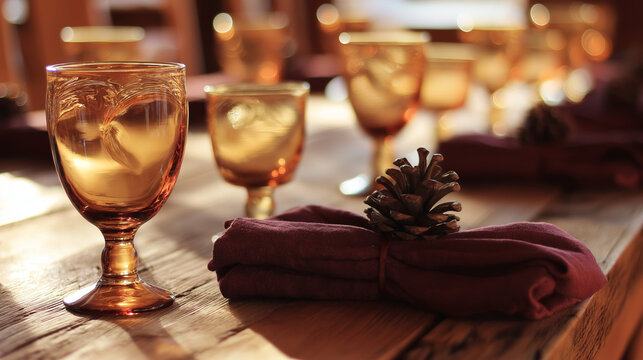 napkins. A rustic wooden table setting with burgundy napkins and a pinecone centerpiece, glowing warmly. lifestyle magazines, social media lookbooks, designed for influencer and brand collaborations.