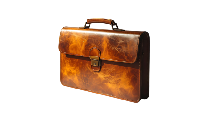 A richly-toned brown leather briefcase, subtly textured, features a top handle and a front clasp.  The briefcase is angled slightly, showcasing its dimensions