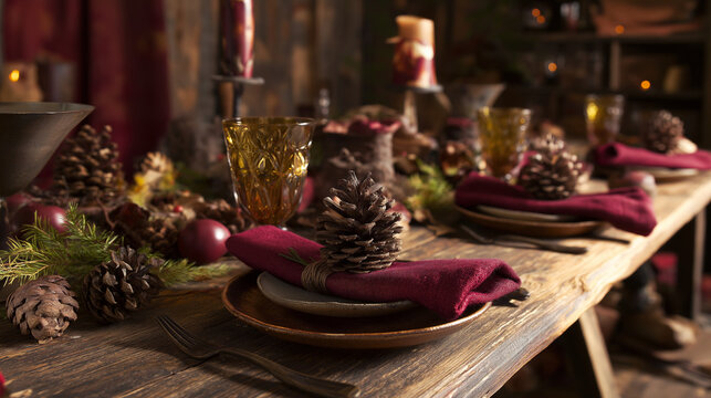 napkins. A rustic wooden table setting with burgundy napkins and a pinecone centerpiece, glowing warmly. lifestyle magazines, social media lookbooks, designed for influencer and brand collaborations.