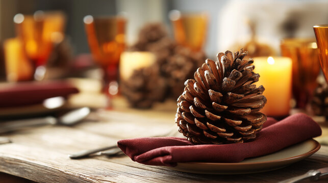 napkins. A rustic wooden table setting with burgundy napkins and a pinecone centerpiece, glowing warmly. lifestyle magazines, social media lookbooks, designed for influencer and brand collaborations.