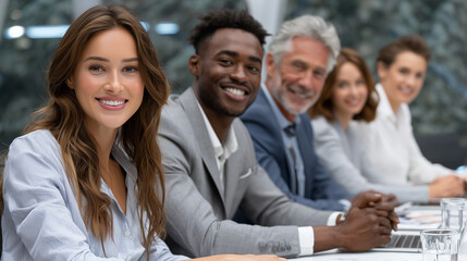 The image shows a diverse group of business professionals sitting together at a meeting table. The individuals are smiling and appear confident, fostering a positive and collaborative atmosphere. The 