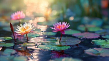 Water Lilies in a Pond - A Serene Aquatic Scene.