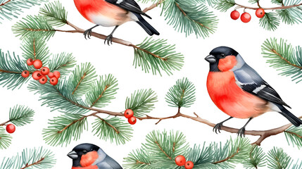Watercolor Christmas forest branches and bullfinch. Illustration AI Generative.