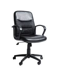 Black leather office chair with armrests, five-star base, and rolling casters.  Simple design, slightly padded seat and back