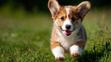 Adorable Corgi Puppy Running Joyfully Through a Lush Green Meadow.