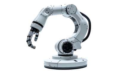 A sleek, white robotic arm, articulated with multiple joints, ending in a multi-fingered hand, rests on a circular base against a black background.  The arm is posed in a question mark shape