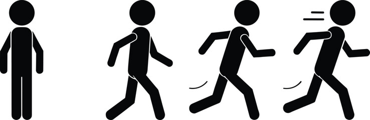 Human movement silhouette set, standing, walking, jogging, running pose, black stick figure vector, motion transition, fitness, animation, sports concept illustration
