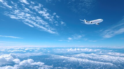 Pixelated Airplane Flying Through a Vibrant Blue Sky with Scattered Clouds in Sunny Weather Above Cloudscape View with Atmospheric Perspective