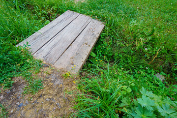 very small bridge made of planks on a green lawn, close view