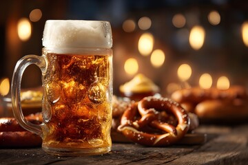Close-up of frothy beer mugs, fresh pretzels, and grilled sausages on a rustic wooden table, perfect for Oktoberfest food and drink advertising
