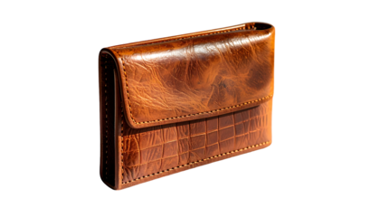 A rectangular, brown leather case with a textured, stitched flap and a patterned bottom.  The leather shows rich variations in tone