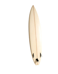 Cream-colored surfboard, longboard style, shows off-white deck, subtle wood stringer, and three small fins at the tail