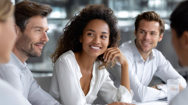 The image shows a group of business professionals in a meeting, engaging in a positive and collaborative conversation. A woman in a white blouse is the focal point, smiling warmly while interacting wi - Powered by Adobe