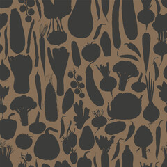 Hand drawn vegetable grunge silhouettes seamless pattern in black color. Tomato, cucumber, bell pepper, zucchini, pumpkin, butternut, corn, onion, radish, potato, green beans, asparagus, artichoke.