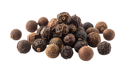 A small pile of dark brown and black peppercorns, round and wrinkled,  showing varied shades and textures against a black background
