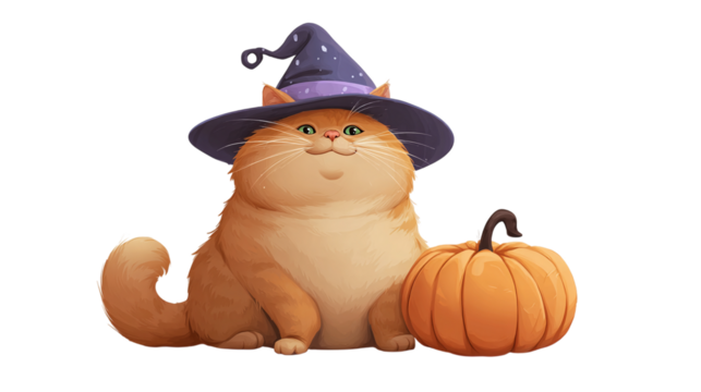 Cartoon fat Scottish cat wearing witch hat sitting beside pumpkin isolated on transparent background 