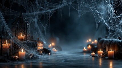 Dark atmospheric Halloween background with intricate spider webs, glowing candles, and shadowy pumpkins, adding mystery and drama to seasonal posters, cards, or spooky-themed products.