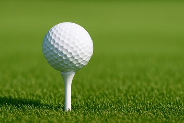 Obraz premium Close-up of white golf ball on tee, ready to be hit, on green grass field, copy space.