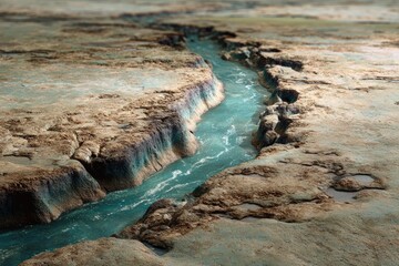 Obraz premium A turquoise river winds through a cracked, tan landscape