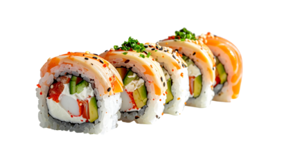 Five pieces of sushi roll, seared salmon topping, cream cheese, avocado, and crab filling, garnished with sesame seeds and green onions