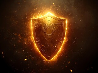 Fototapeta premium Glowing fiery shield emblem with sparks and particles