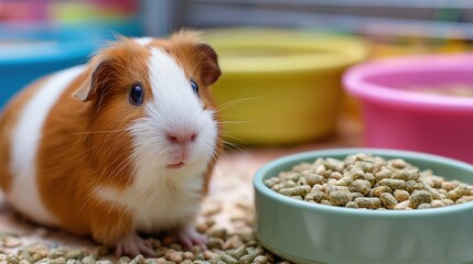 Adorable Guinea Pig with Colorful Bowls