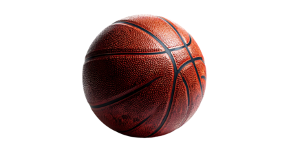 A classic orange basketball with deep-orange lines, textured leather surface, and subtle wear, isolated on a black background