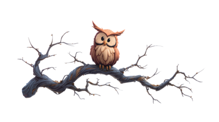 Cartoon owl perched on twisted tree branch, spooky Halloween vibe, isolated on transparent background 