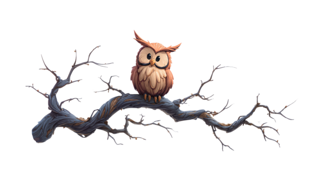 Cartoon owl perched on twisted tree branch, spooky Halloween vibe, isolated on transparent background 