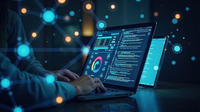 Person Coding on Laptop with Network Overlay
