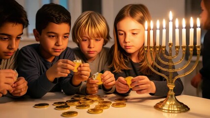 Children playing dreidel game near menorah on hanukkah video, ai generated - Powered by Adobe