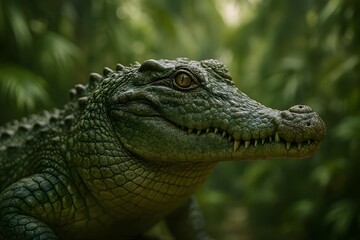 Fototapeta premium Powerful alligator portrait in lush jungle habitat waiting for prey
