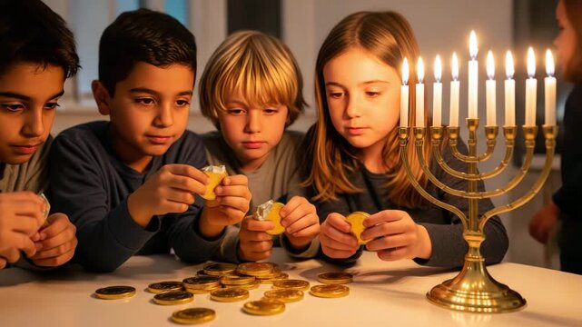 Children playing dreidel game near menorah on hanukkah video, ai generated