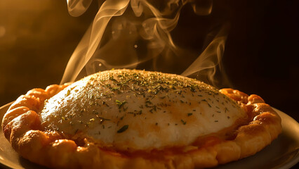 Hot baked pizza with melting cheese and rising steam in warm golden light