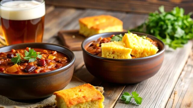 Chili in Brown Bowls with Cornbread and Dark Beer on Wooden Table with Burlap Napkin