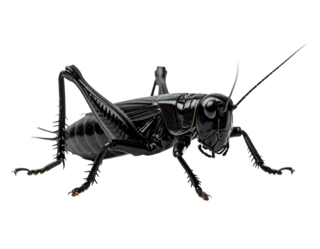 A striking black insect, possibly a cricket or katydid, is shown in a detailed close-up, its legs splayed, 