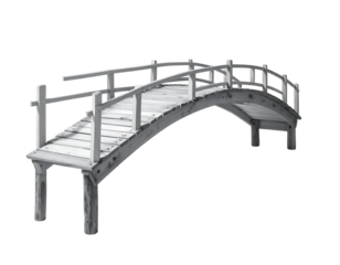 A grayscale image of a small, arched wooden footbridge with simple railings and sturdy posts, set against a plain black background