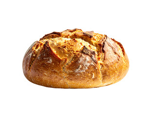 A rustic, golden-brown sourdough boule with a cracked, slightly irregular crust and a pale interior hinting at airy texture