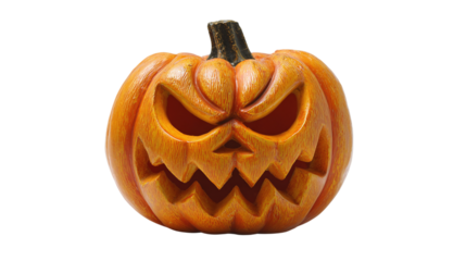 Carved Jack-o-lantern pumpkin glowing with sinister expression, isolated on transparent background 