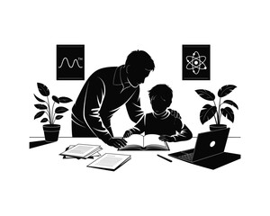 Teacher guiding a student with a book and laptop in a science classroom setting with plants and diagrams