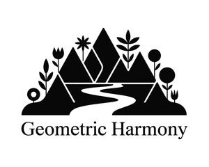 Stylized geometric landscape with mountains river and abstract plants in black and white