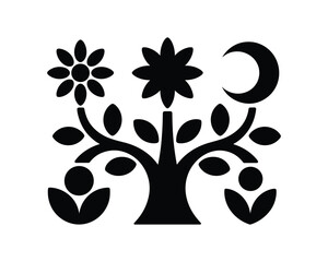 Stylized silhouette of a tree with celestial elements and floral motifs representing nature and cosmic balance