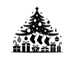 Black and white silhouette of a decorated christmas tree with presents and stockings
