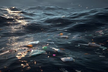 Polluted ocean water with floating plastic waste symbolizing climate change, global warming and environmental crisis. Dirty sea surface covered with trash. Marine ecosystem collapse. Human impact 