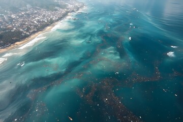 Polluted ocean water with floating plastic waste symbolizing climate change, global warming and environmental crisis. Dirty sea surface covered with trash. Marine ecosystem collapse. Human impact 