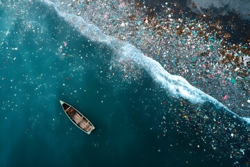 Polluted ocean water with floating plastic waste symbolizing climate change, global warming and environmental crisis. Dirty sea surface covered with trash. Marine ecosystem collapse. Human impact 