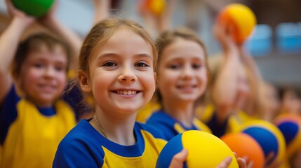 children in sports uniforms holding colorful balls for physical education campaigns, school sports day promotions, and fitness blogs, indoor gym setting, vibrant palette, shallow depth of field