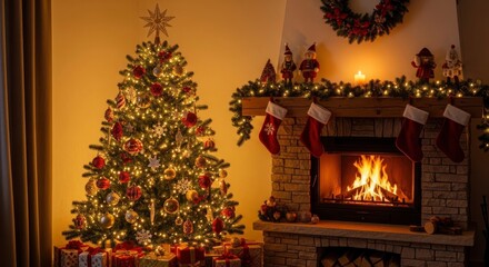 Obraz premium A warmly lit room featuring a decorated evergreen tree with presents and a stone fireplace adorned with stockings garlands and a burning fire