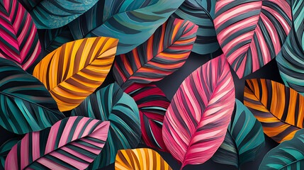 Fototapeta premium Colorful Abstract Foliage A vibrant illustration of tropical plant leaves with stripes in pink, green, yellow, and blue hues