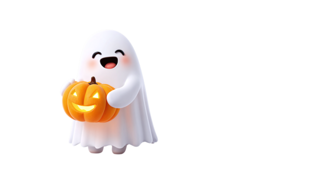 Cheerful cartoon ghost hugging a glowing jack-o-lantern pumpkin isolated on transparent background 